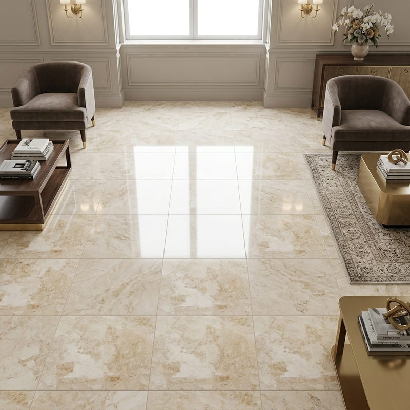 Sonoran Pearl Marble Tile 18x18 Polished — Family Room floor
