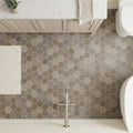Sormonne Mosaic Limestone Brun Honed 2x2 Hexagon — Bathroom floor