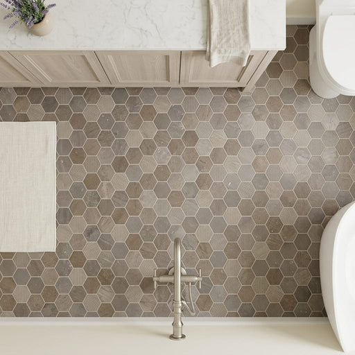 Sormonne Mosaic Limestone Brun Honed 2x2 Hexagon — Bathroom floor