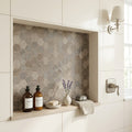 Sormonne Mosaic Limestone Brun Honed 2x2 Hexagon — Bathroom niche