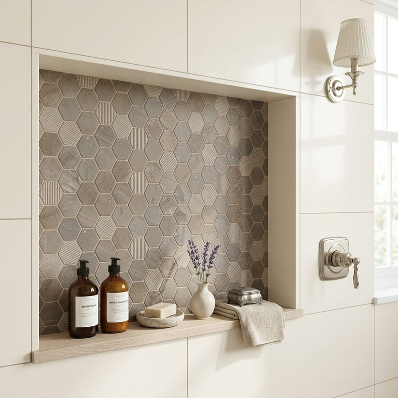 Sormonne Mosaic Limestone Brun Honed 2x2 Hexagon — Bathroom niche