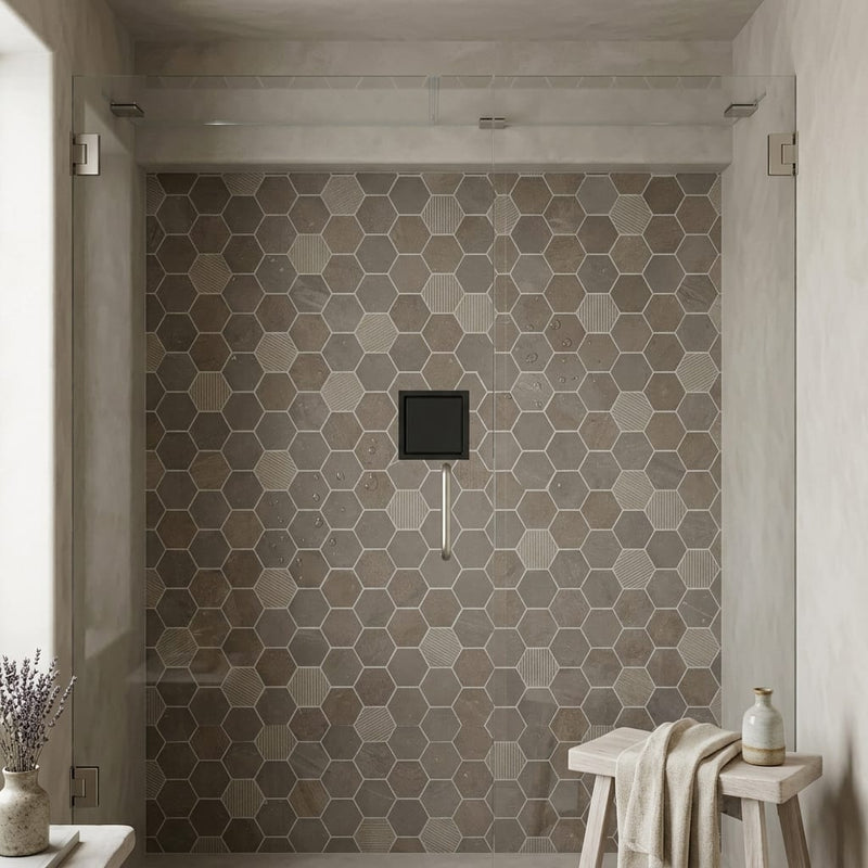 Sormonne Mosaic Limestone Brun Honed 2x2 Hexagon — Bathroom shower floor