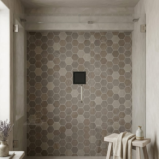 Sormonne Mosaic Limestone Brun Honed 2x2 Hexagon — Bathroom shower floor