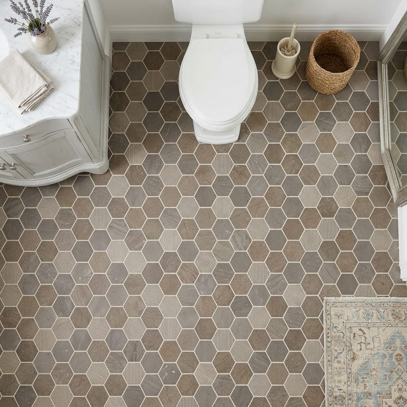 Sormonne Mosaic Limestone Brun Honed 2x2 Hexagon — Powder Room floor