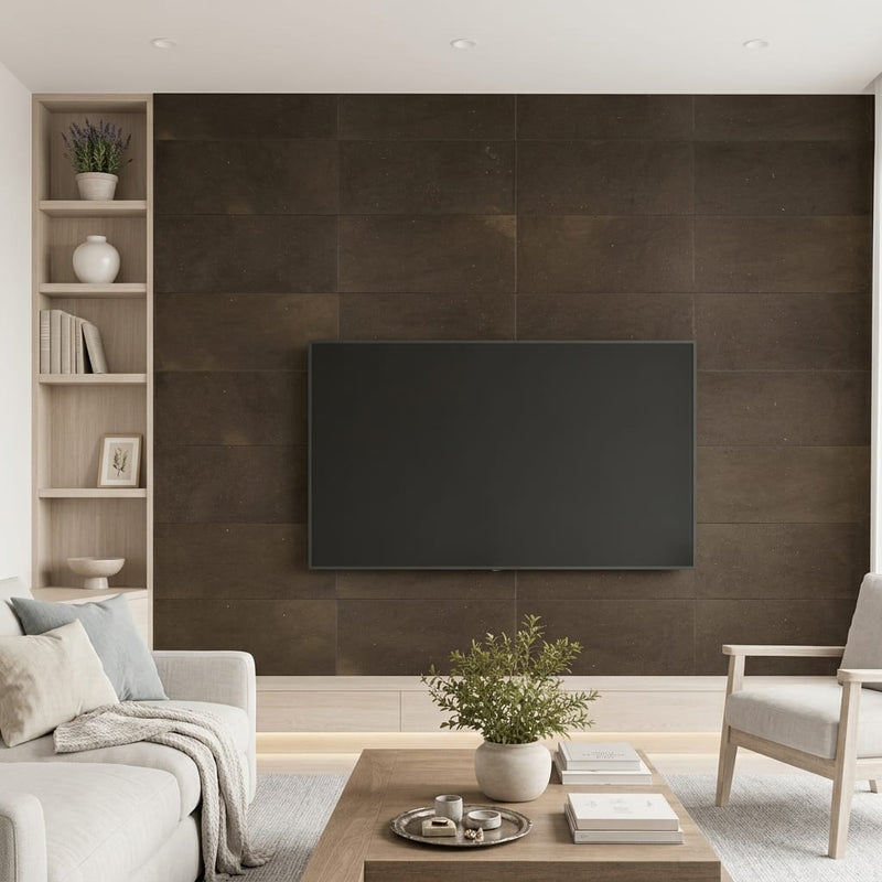 Sormonne Brun Limestone Tile 12x24 Honed 3/8 inch — Living Room feature wall