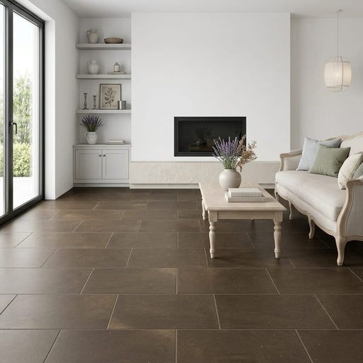 Sormonne Brun Limestone Tile 12x24 Honed 3/8 inch — Living Room floor