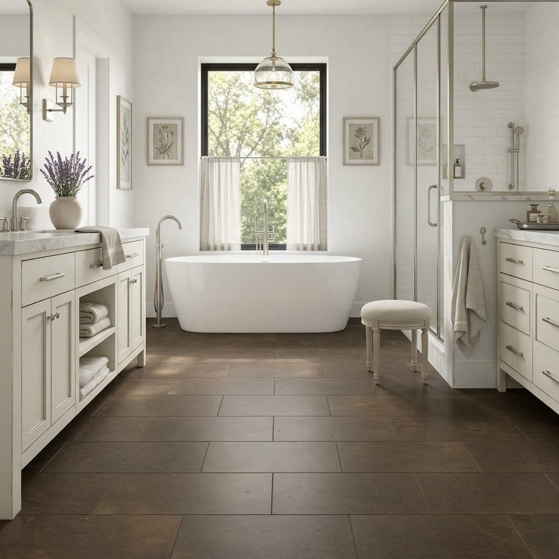 Sormonne Brun Limestone Tile 12x24 Honed 3/8 inch — Primary Bath floor