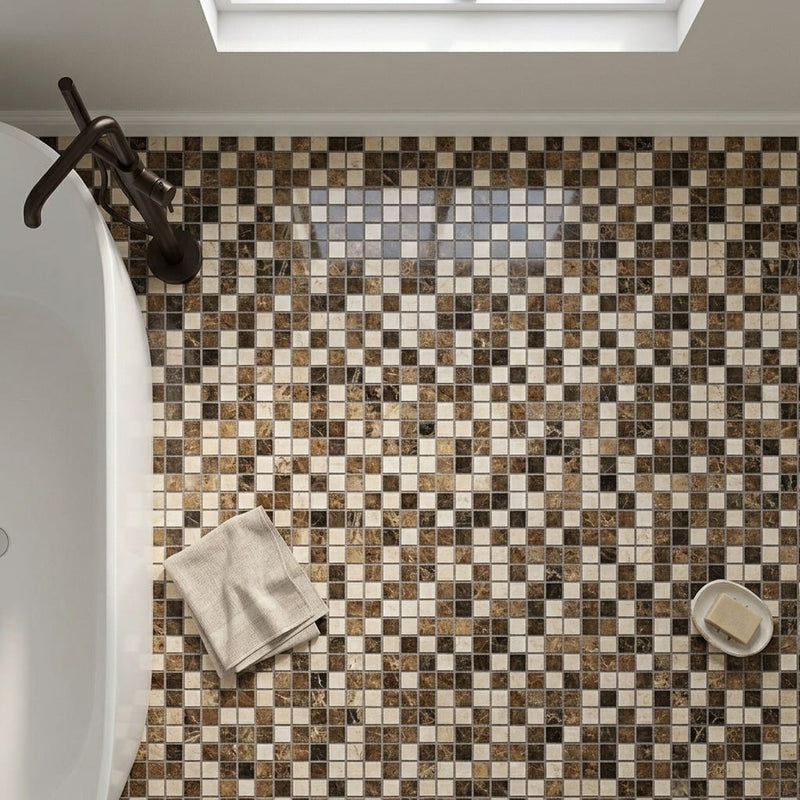 Spanish Mix Marble 1x1 Polished Mosaic (Crema Marfil + Emp. Light + Emp. Dark) — Bathroom floor