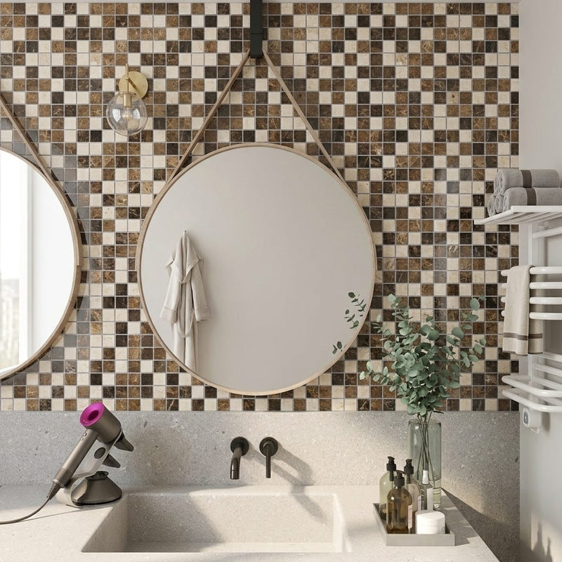 Spanish Mix Marble 1x1 Polished Mosaic (Crema Marfil + Emp. Light + Emp. Dark) — Bathroom shower wall