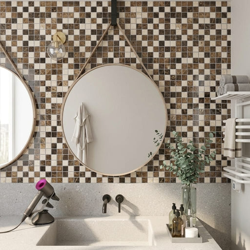 Spanish Mix Marble 1x1 Polished Mosaic (Crema Marfil + Emp. Light + Emp. Dark) — Bathroom shower wall