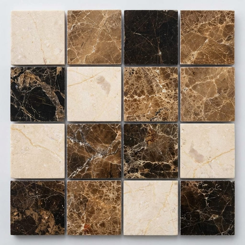 Spanish Mix Marble 1x1 Polished Mosaic (Crema Marfil + Emp. Light + Emp. Dark) close-up