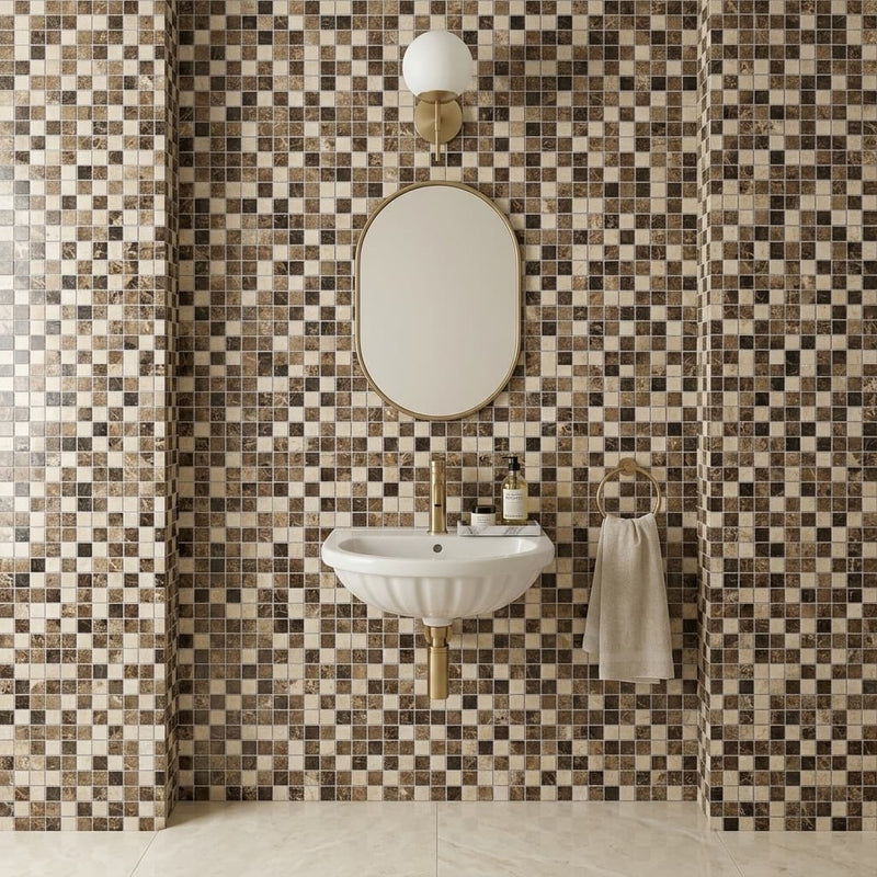 Spanish Mix Marble 1x1 Polished Mosaic (Crema Marfil + Emp. Light + Emp. Dark) — Powder Room wall