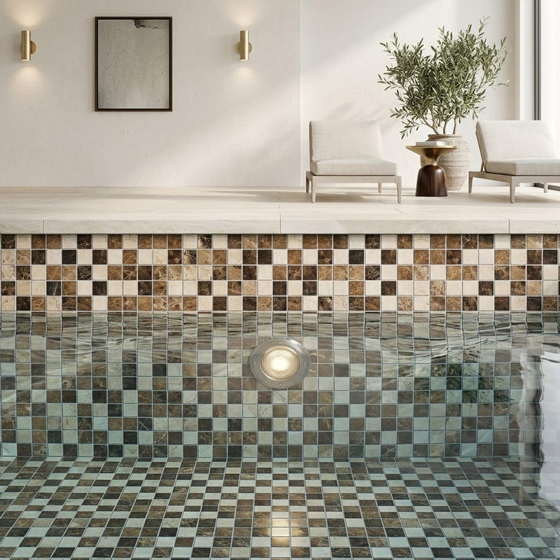 Spanish Mix Marble 1x1 Polished Mosaic (Crema Marfil + Emp. Light + Emp. Dark) — Swimming Pool pool interior tiling