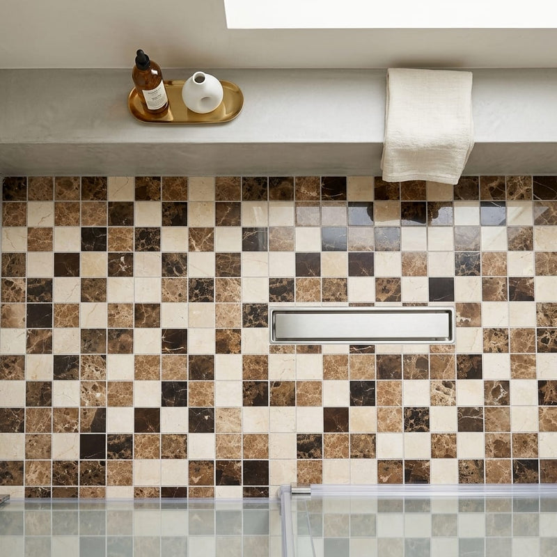 Spanish Mix Marble 2x2 Polished Mosaic (Crema Marfil + Emp. Light + Emp. Dark) — Bathroom shower floor