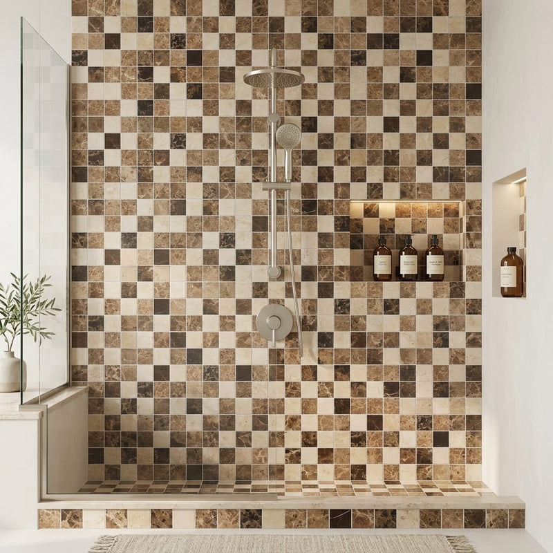 Spanish Mix Marble 2x2 Polished Mosaic (Crema Marfil + Emp. Light + Emp. Dark) — Bathroom shower wall