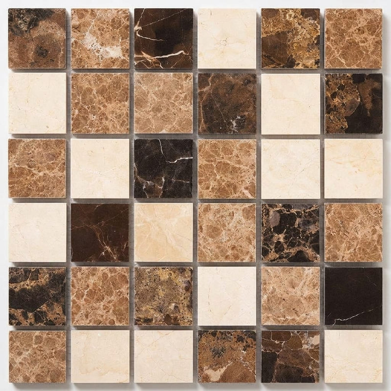 Spanish Mix Marble 2x2 Polished Mosaic (Crema Marfil + Emp. Light + Emp. Dark) close-up