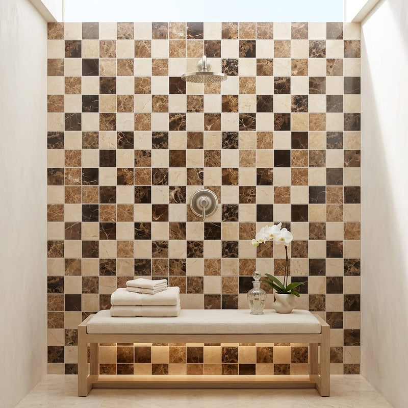 Spanish Mix Marble 2x2 Polished Mosaic (Crema Marfil + Emp. Light + Emp. Dark) — Spa spa interior