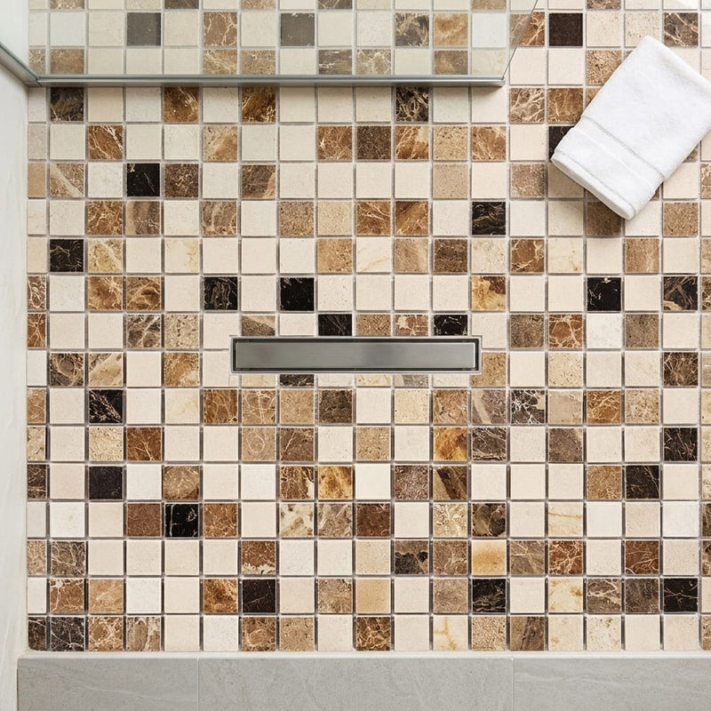 Spanish Mix Marble 5/8x5/8 Polished Mosaic (Crema Marfil + Emp. Light + Emp. Dark) — Bathroom shower floor