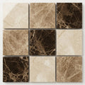 Spanish Mix Marble 5/8x5/8 Polished Mosaic (Crema Marfil + Emp. Light + Emp. Dark) close-up