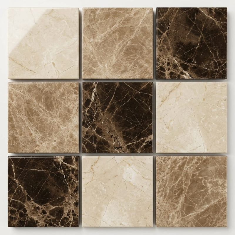 Spanish Mix Marble 5/8x5/8 Polished Mosaic (Crema Marfil + Emp. Light + Emp. Dark) close-up