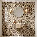Spanish Mix Marble 5/8x5/8 Polished Mosaic (Crema Marfil + Emp. Light + Emp. Dark) — Powder Room wall