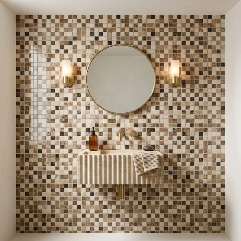 Spanish Mix Marble 5/8x5/8 Polished Mosaic (Crema Marfil + Emp. Light + Emp. Dark) — Powder Room wall