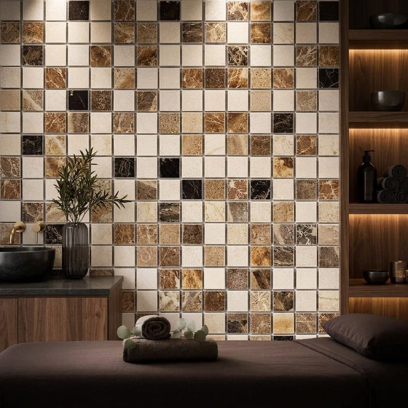 Spanish Mix Marble 5/8x5/8 Polished Mosaic (Crema Marfil + Emp. Light + Emp. Dark) — Spa spa interior