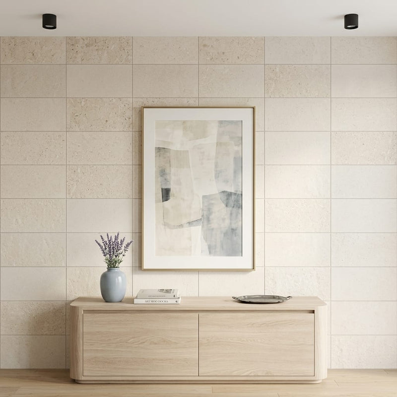 St Croix Limestone Tile 16x24 — Living Room feature wall