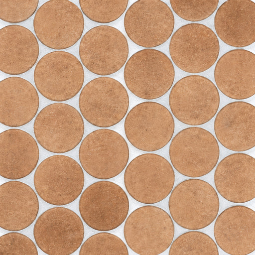 Stage Penny Terracotta 2x2 pennyround natural porcelain mosaic with warm terracotta circular tiles and light gray grout.