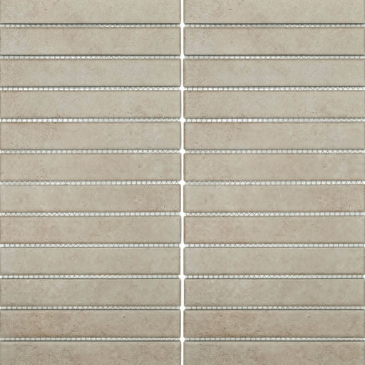 Stage Taupe 1x6 natural mosaic tile sheet in taupe with a two-column horizontal layout