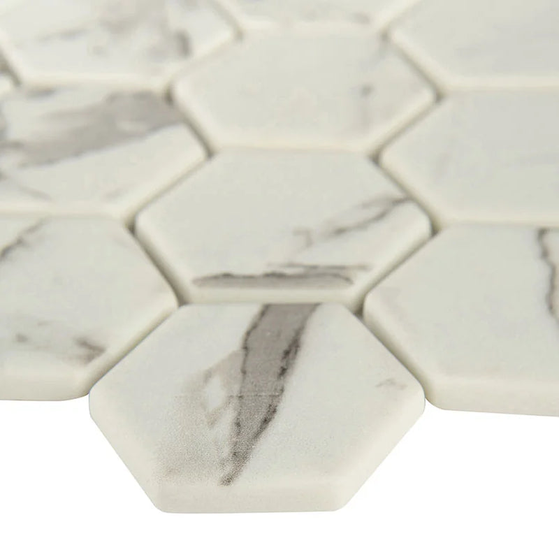 Statuario Celano 2 Hexagon Pattern 0.24 Inch Glass Mosaic Tile