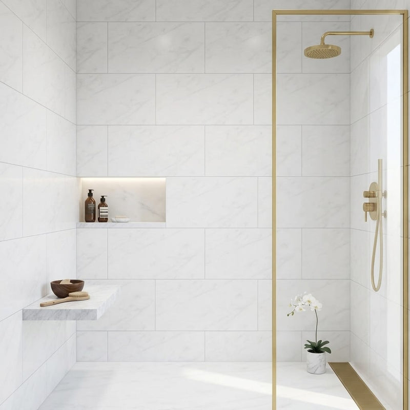 Statuary White (Italian) Marble 18x36 Honed Tile — Bathroom shower wall
