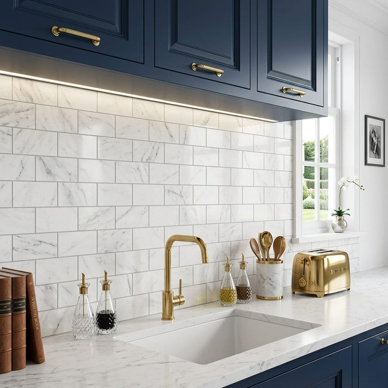 Statuary White (Italian) Marble 3x6 Honed Tile — Kitchen backsplash