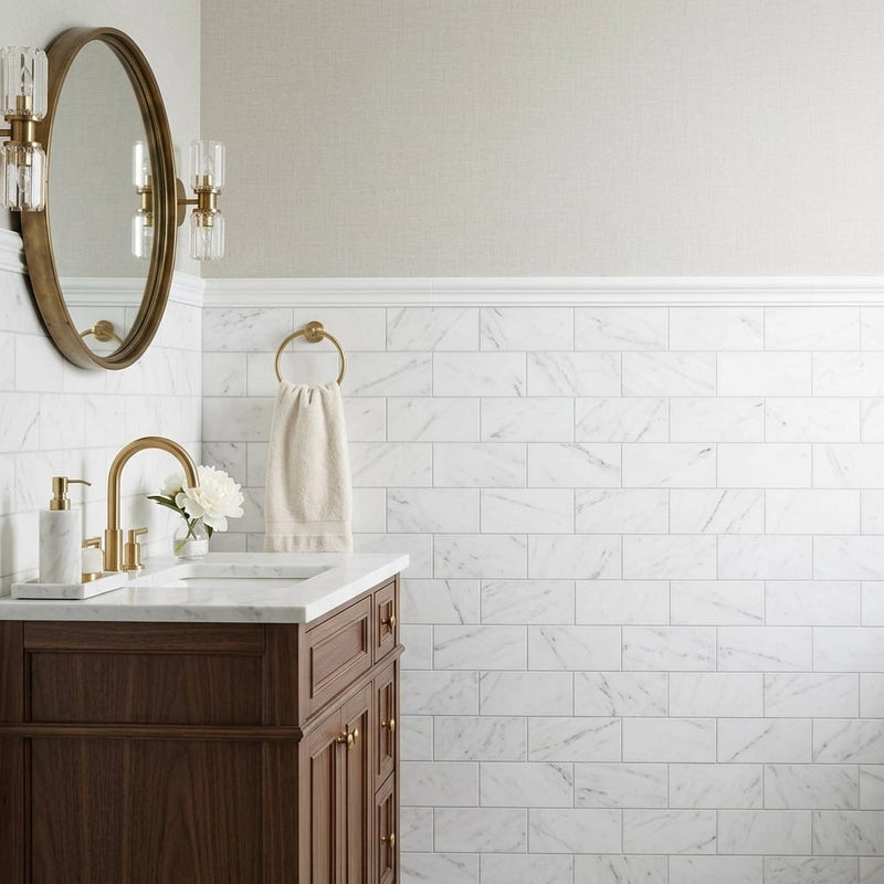 Statuary White (Italian) Marble 3x6 Honed Tile — Powder Room wainscot