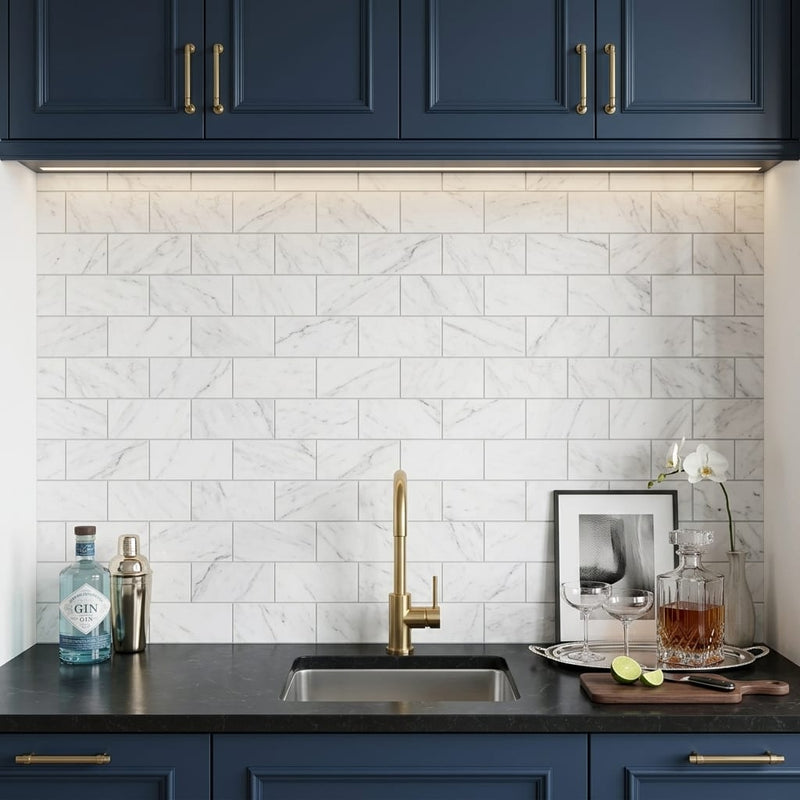 Statuary White (Italian) Marble 3x6 Honed Tile — Wet Bar backsplash