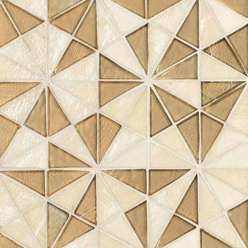 Stella Gold Misc. 0.24 inch glass mosaic tile with gold and ivory triangular pieces forming a geometric starburst pattern.