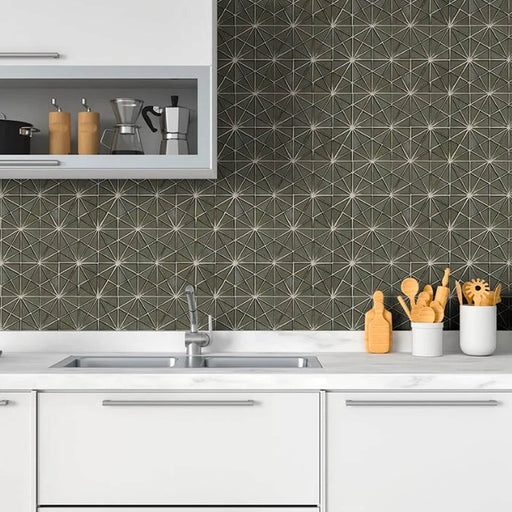 Stella Grigia geometric glass mosaic backsplash in a modern kitchen