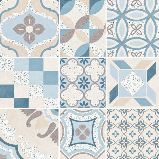 Stella Mar 7.9x7.9 ceramic tiles with blue, beige, and gray floral and geometric patterns.