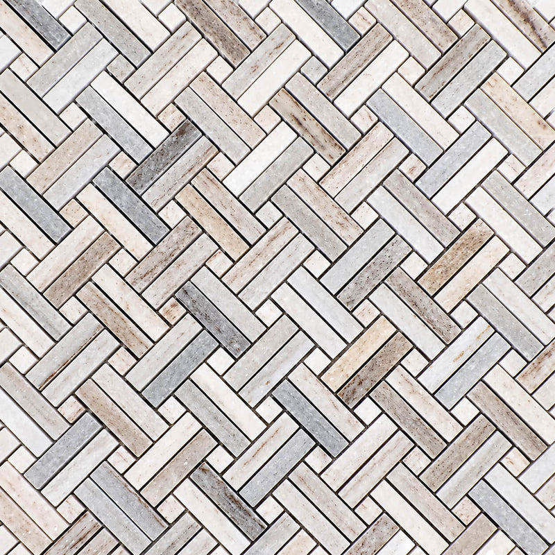 STO-RE Stanza polished mosaic with 5/8x2 pieces in white, beige, and gray arranged in a herringbone pattern.