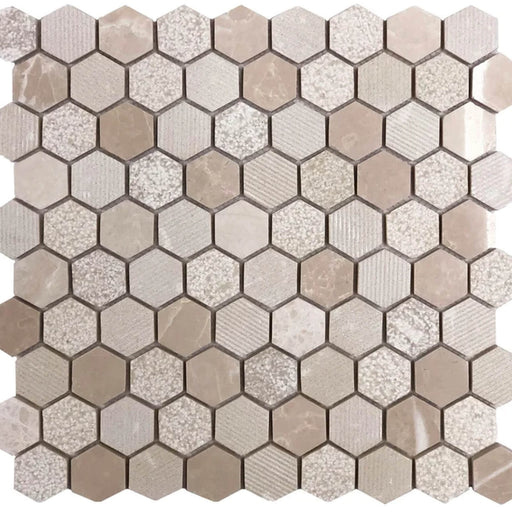 Beige mix hexagon mosaic sheet with varied stone patterns and textures.