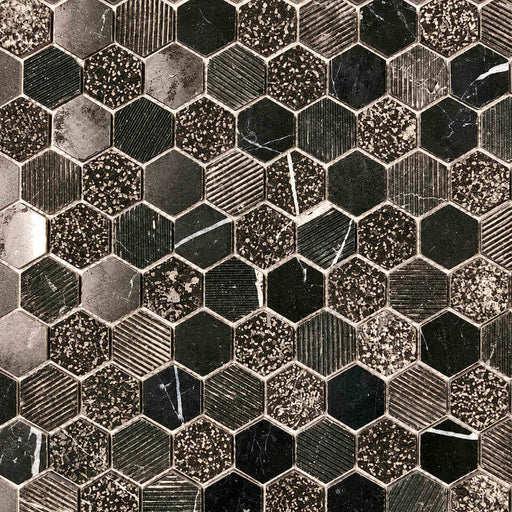 Stone Hex Black Mix 12x12 mosaic featuring black and gray hexagonal tiles with grooved, speckled, and veined stone textures.