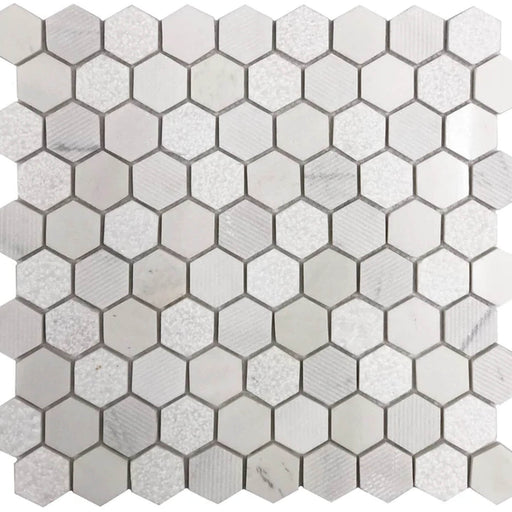 Stone Hex White Mix 12x12 mosaic with white and light gray hexagon tiles