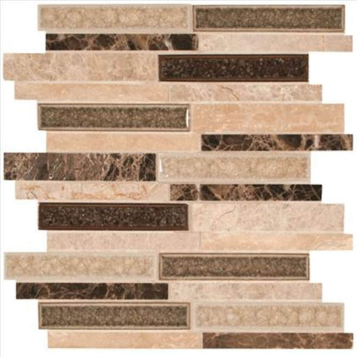 Stonegate interlocking mosaic with beige stone, brown glass and narrow rectangular pieces arranged in staggered rows.