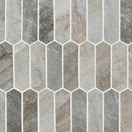 Stonella Picket glass mosaic tile with elongated hexagonal pieces in gray and greige stone-look patterns.
