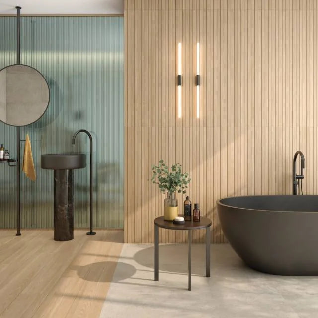 Strata Roble 48x24 Ribbed Matte 3D Deco Wood Look Ceramic Tile