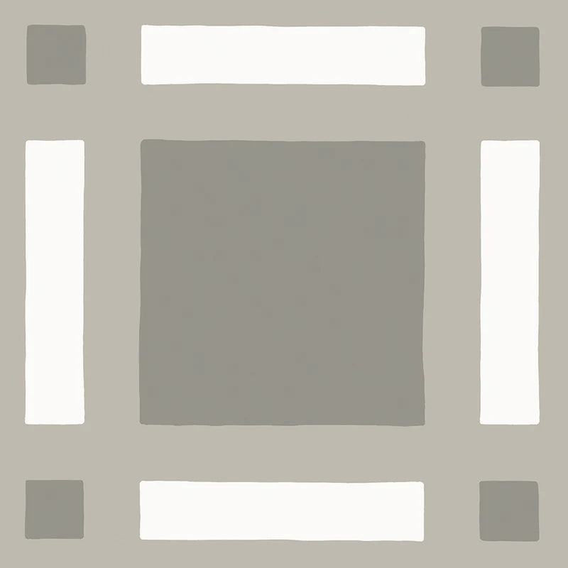 Studio Tartan Grey & White 8x8 matte porcelain tile featuring grey squares and white rectangular accents in a geometric tartan pattern.
