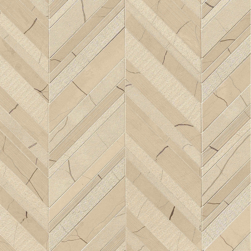 Suave Due Freccia Lynx 14.25x28 textured marble mosaic with beige chevron strips, varied surface textures, and natural brown veining.