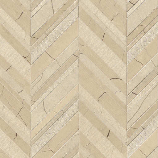 Suave Due Freccia Lynx 14.25x28 textured marble mosaic with beige chevron strips, varied surface textures, and natural brown veining.