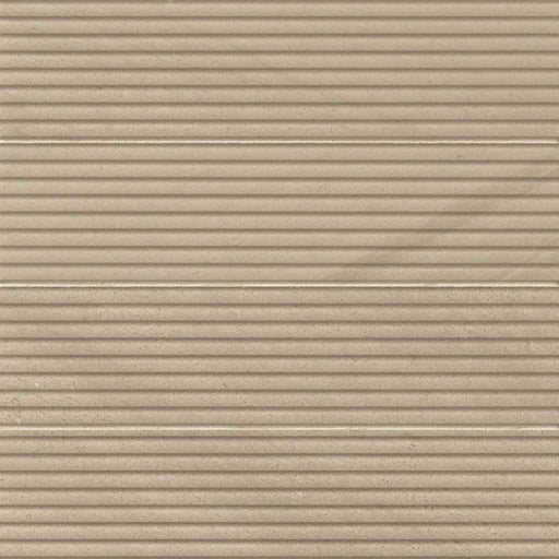 Suave Due Gessato Volpe 4x16 stone tile with a warm beige surface and horizontal ridges