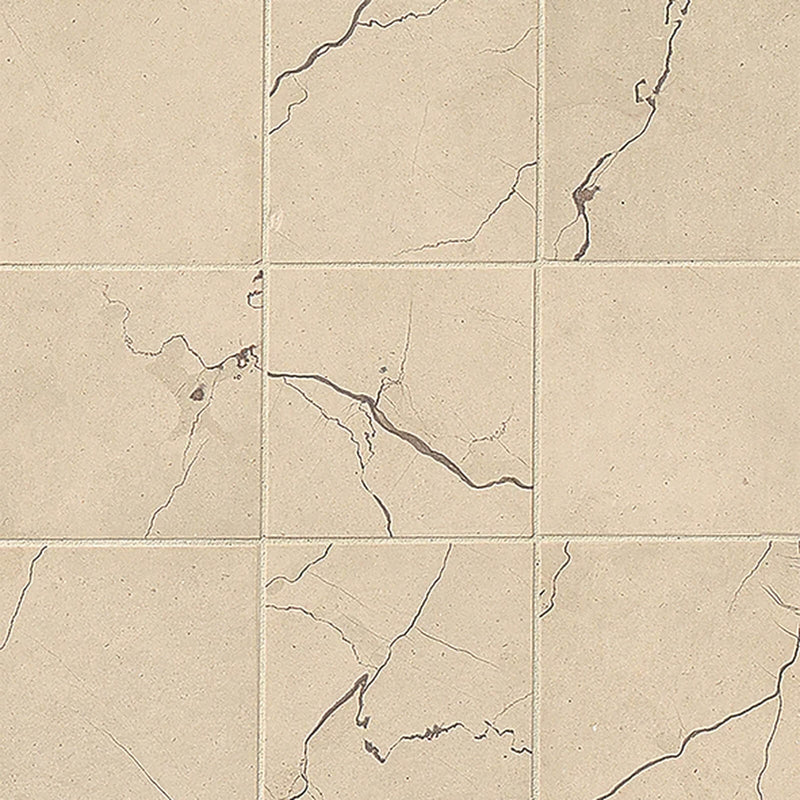 Suave Due Lynx 4x4 smooth finish marble tiles in warm beige with subtle dark veining, shown in a 3-by-3 layout.